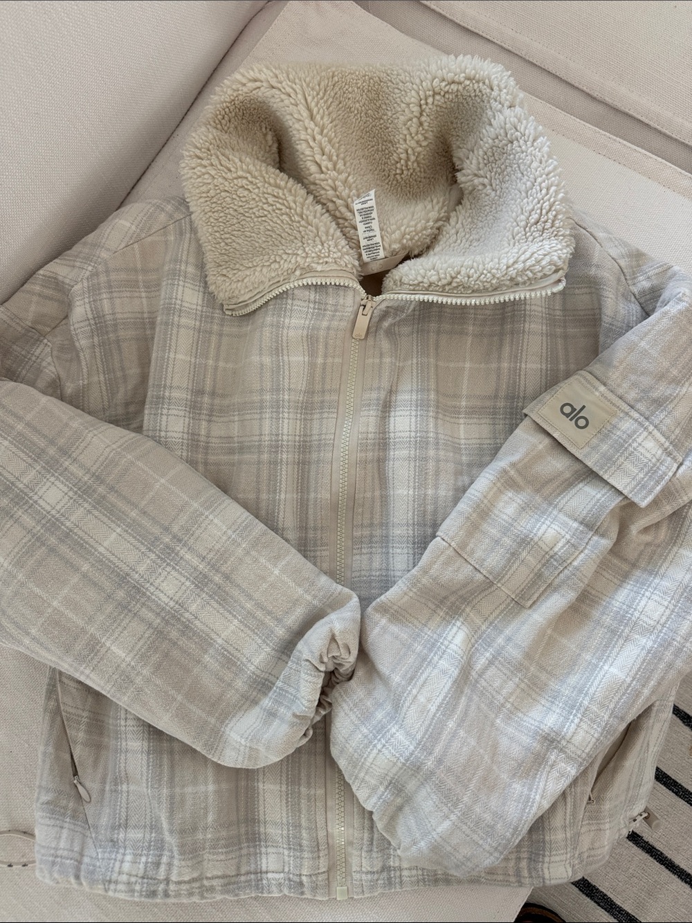 ALO Yoga Kids Cream Plaid Sherpa-Lined Puffer Jacket